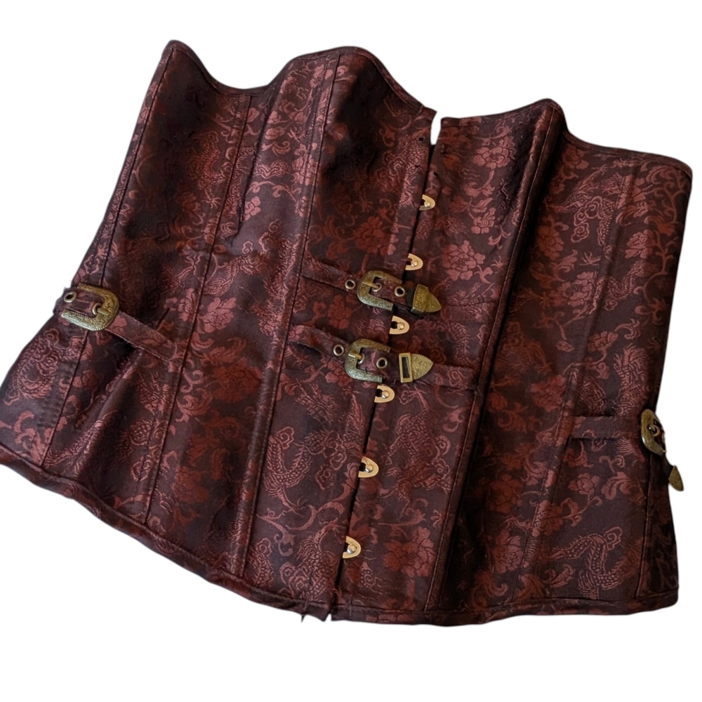 Burgandy Brocade Corset with Buckle Details 2x Steampunk Goth Cosplay Bohemian
